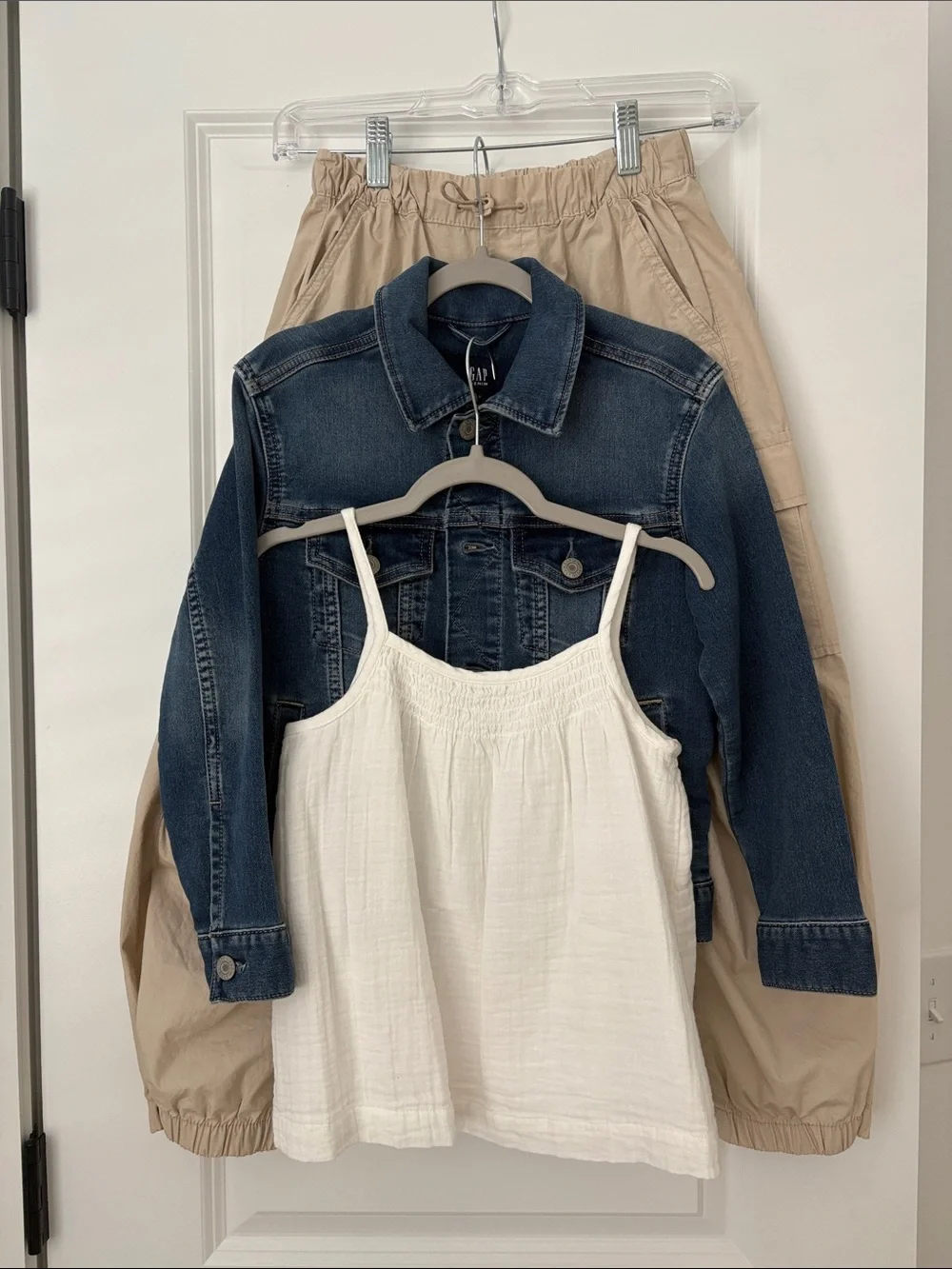 GAP Kids Tan Cargo Jogger Pants, denim coat, and white cotton top bundle